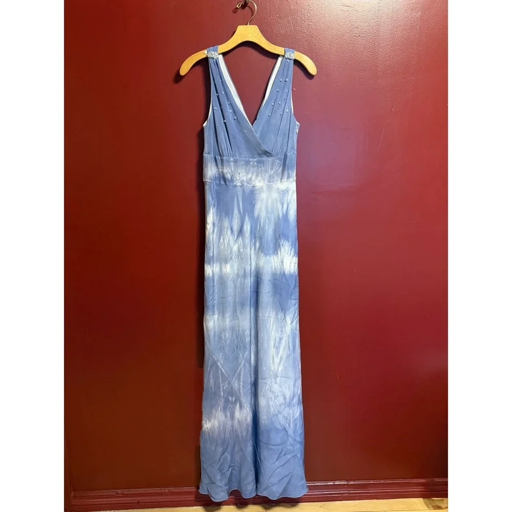 J. Crew Tie-Dye‎ Silk Maxi Dress Size 6 Beaded Neckline Boho Festival Goddess